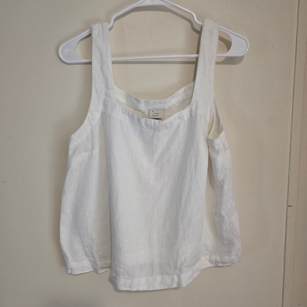 Womens Linen Blend Tank Top Size Medium White Coastal Beach Euro Summer
